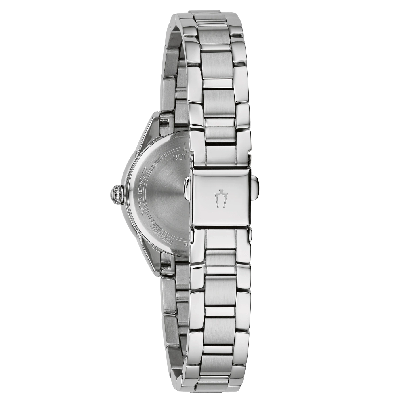 Achterkant van zilveren horloge met armband en logo