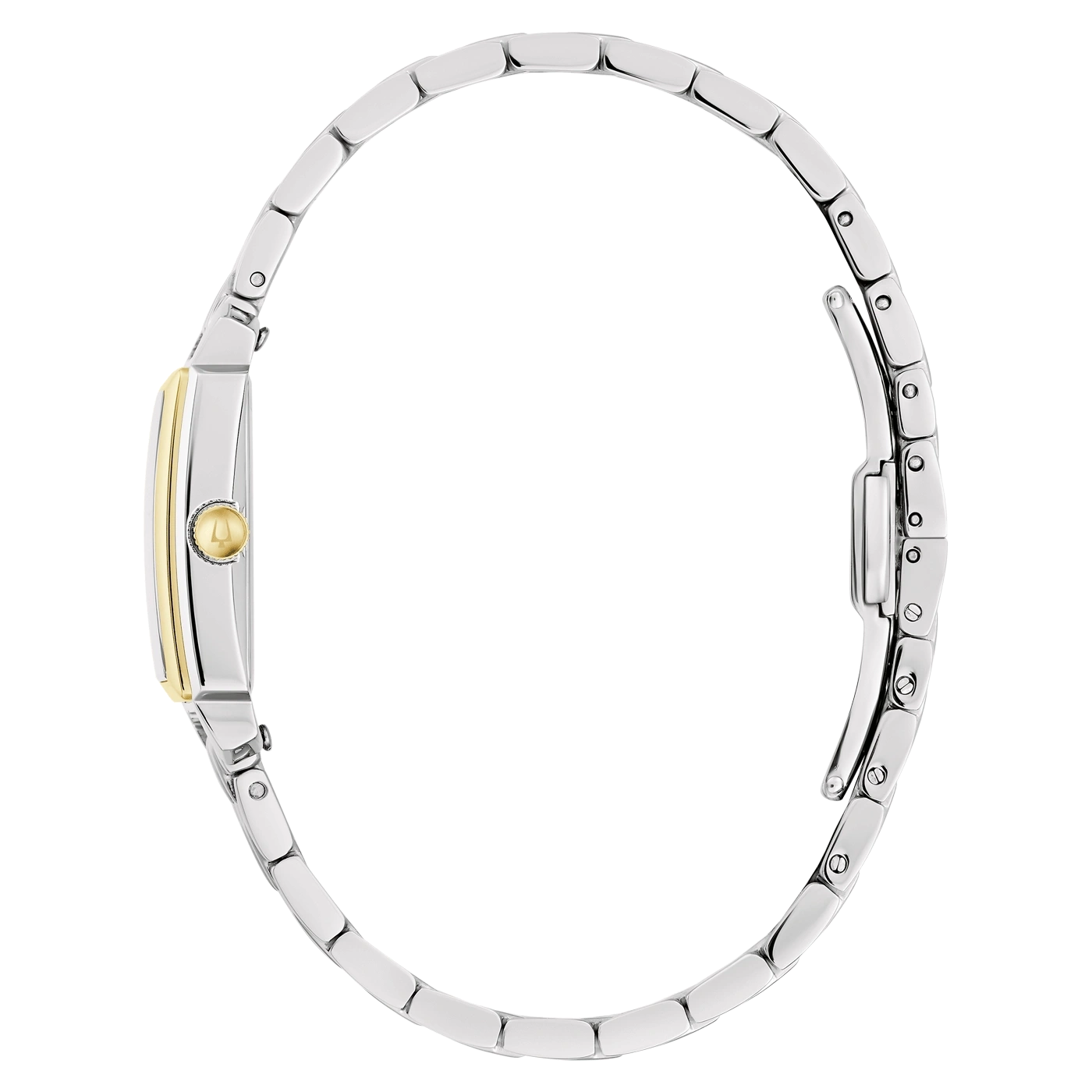 Horloge, zilveren band, gouden wijzerplaat, rechthoekig, zijaanzicht, sieraad, accessoire, elegant