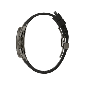 Zwarte horloge met zwart bandje, zijaanzicht, detailopname, modern design, elegant