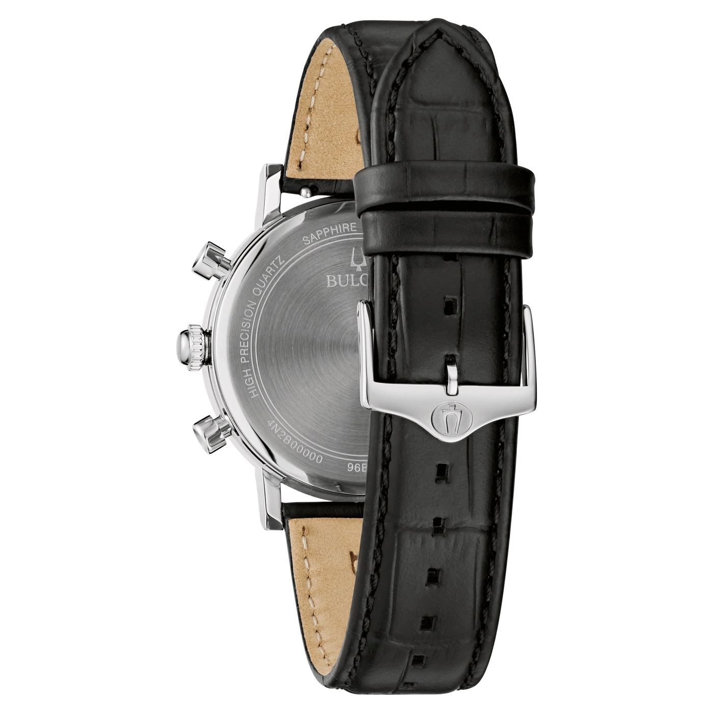Zwarte horloge met leren band, detailopname, close-up, uurwerk, wijzerplaat, gesp