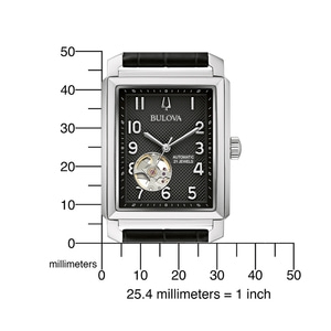 Bulova rechthoekig horloge met zwart wijzerplaat, automatisch uurwerk en leren band.
