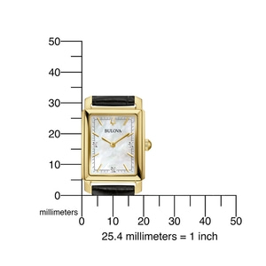 Gouden Bulova horloge met zwarte band, millimeter schaal, 25,4 mm = 1 inch.