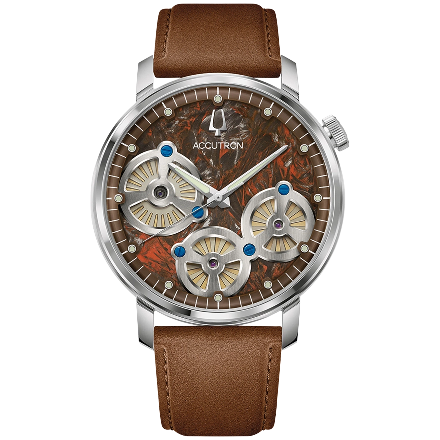 Een zilverkleurig herenhorloge met bruine wijzerplaat en leren band.