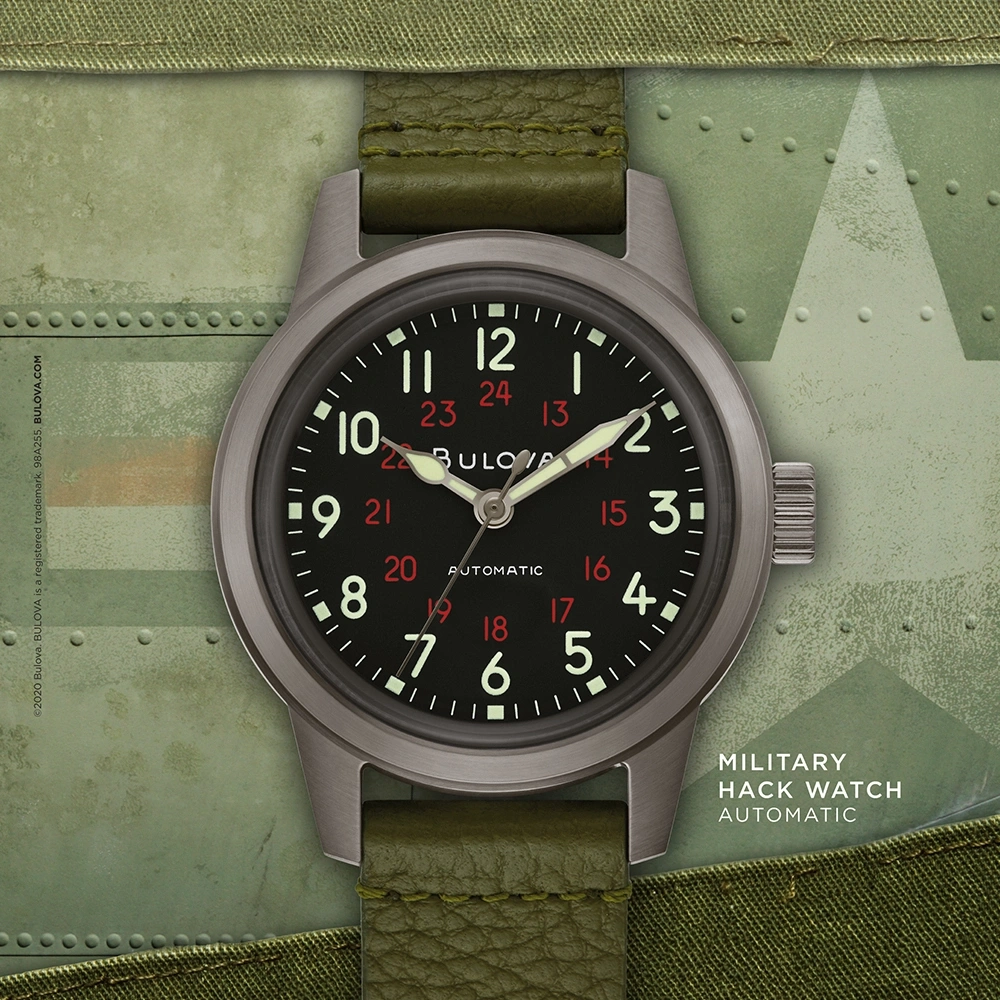Bulova Militäruhr, schwarzes Zifferblatt, grüne Armband, Automatik, Hack Watch, 24-Stunden-Anzeige