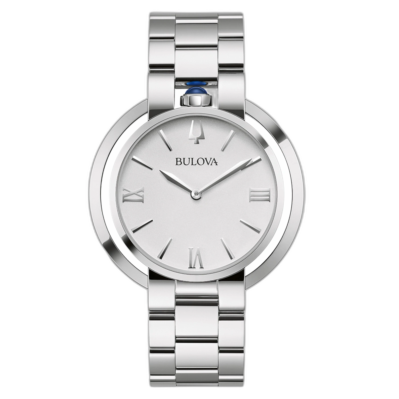 Zilveren Bulova horloge met Romeinse cijfers op zwarte achtergrond.