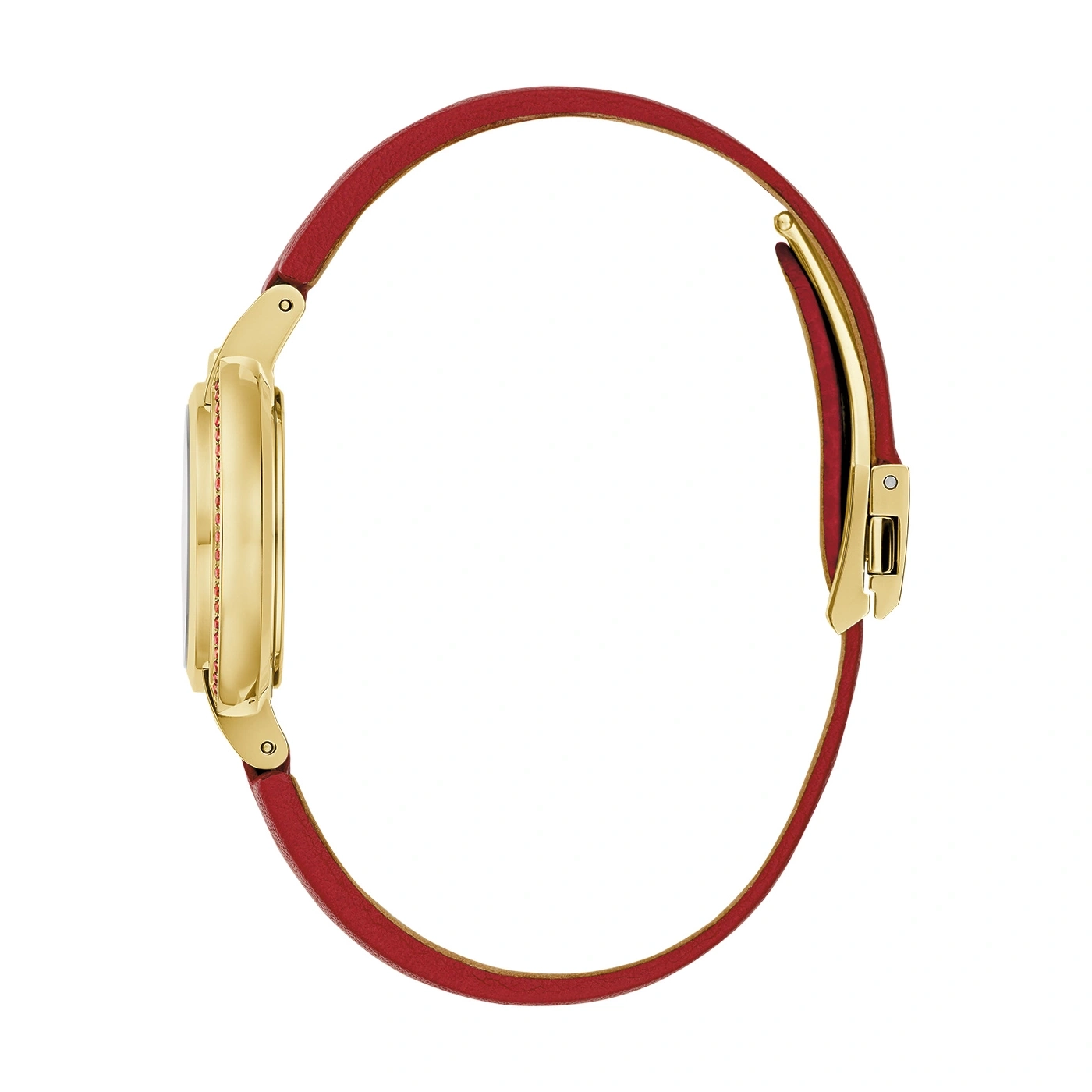 Gouden horloge met rode leren band, zijaanzicht, geïsoleerd op wit