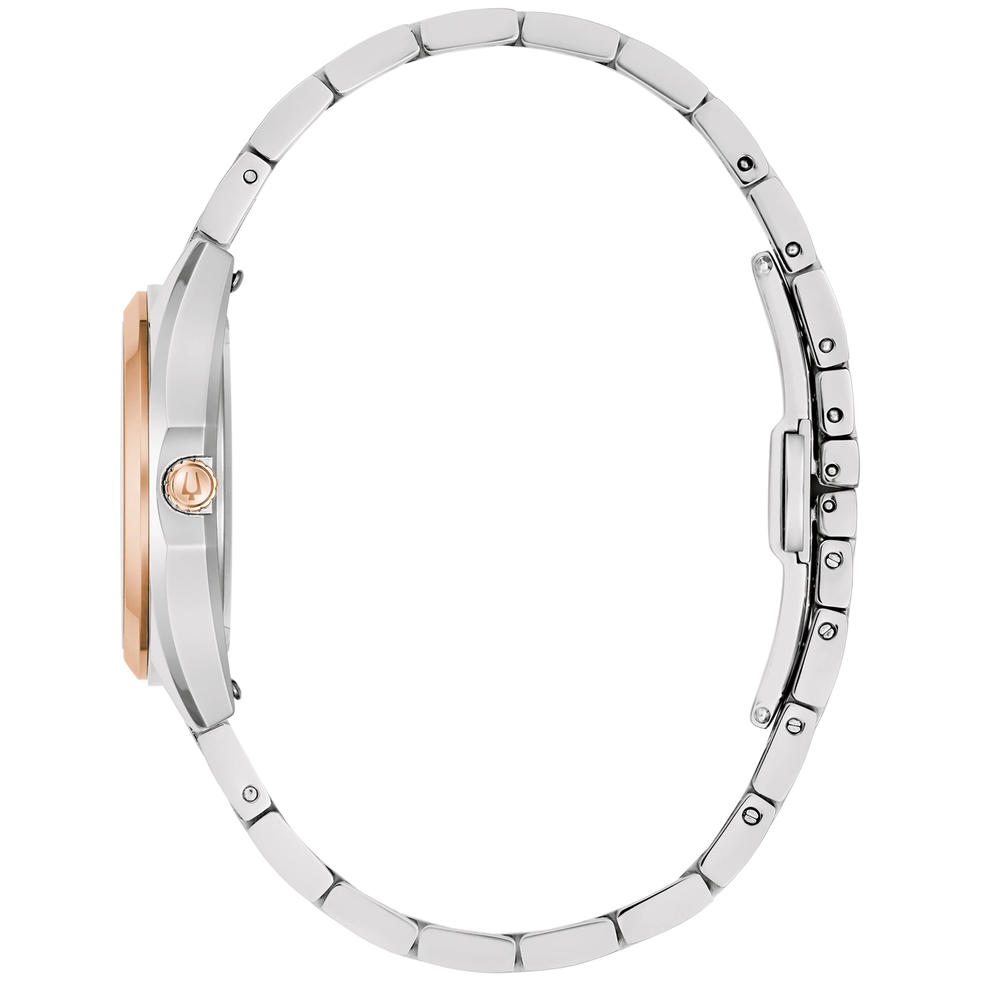 Een horloge met een zilveren band en roségouden bezel