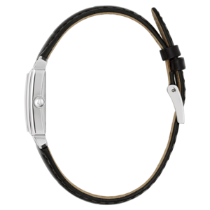 Horloge met zwart lederen band, zilveren kast, zijaanzicht, elegant, stijlvol, accessoire