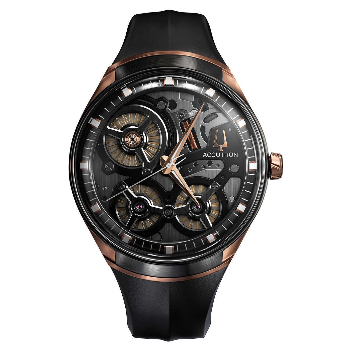 Accutron horloge, zwart, goudkleurig, skeleton, elegant design, luxe
