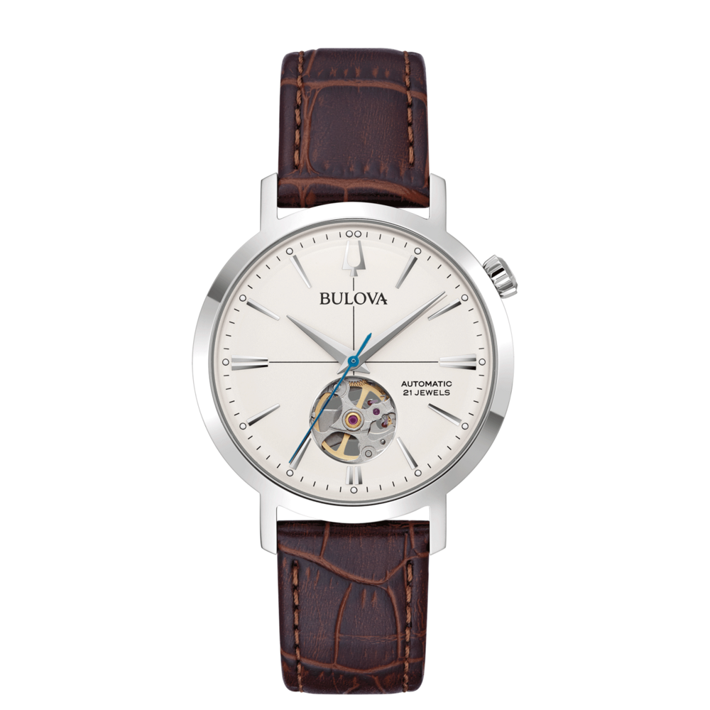 Bulova herenhorloge met bruine leren band en witte wijzerplaat