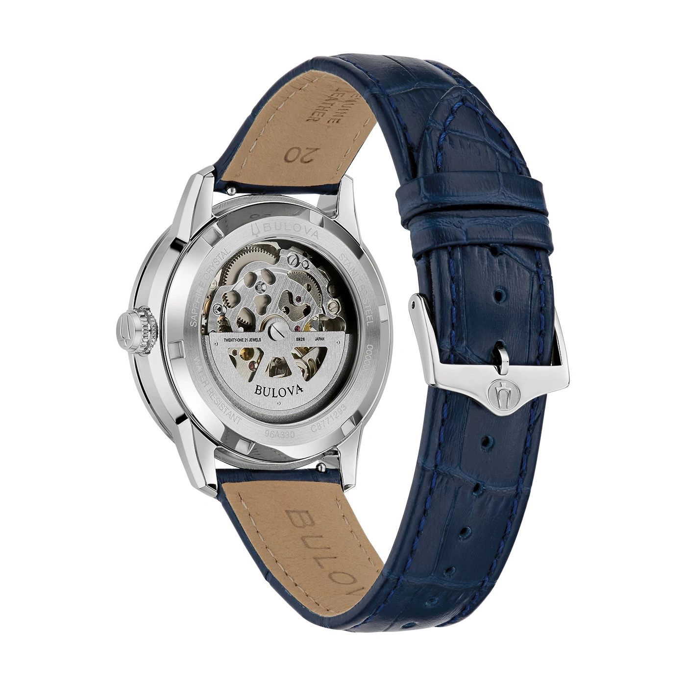 Bulova horloge met blauwe leren band, skeleton wijzerplaat en roestvrijstalen kast.
