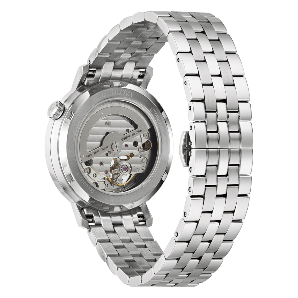 Bulova horloge met transparante achterkant en roestvrijstalen band, uurwerk zichtbaar
