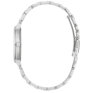 Zilveren dameshorloge, zijaanzicht, armband, ronde wijzerplaat, elegant, modern, accessoire