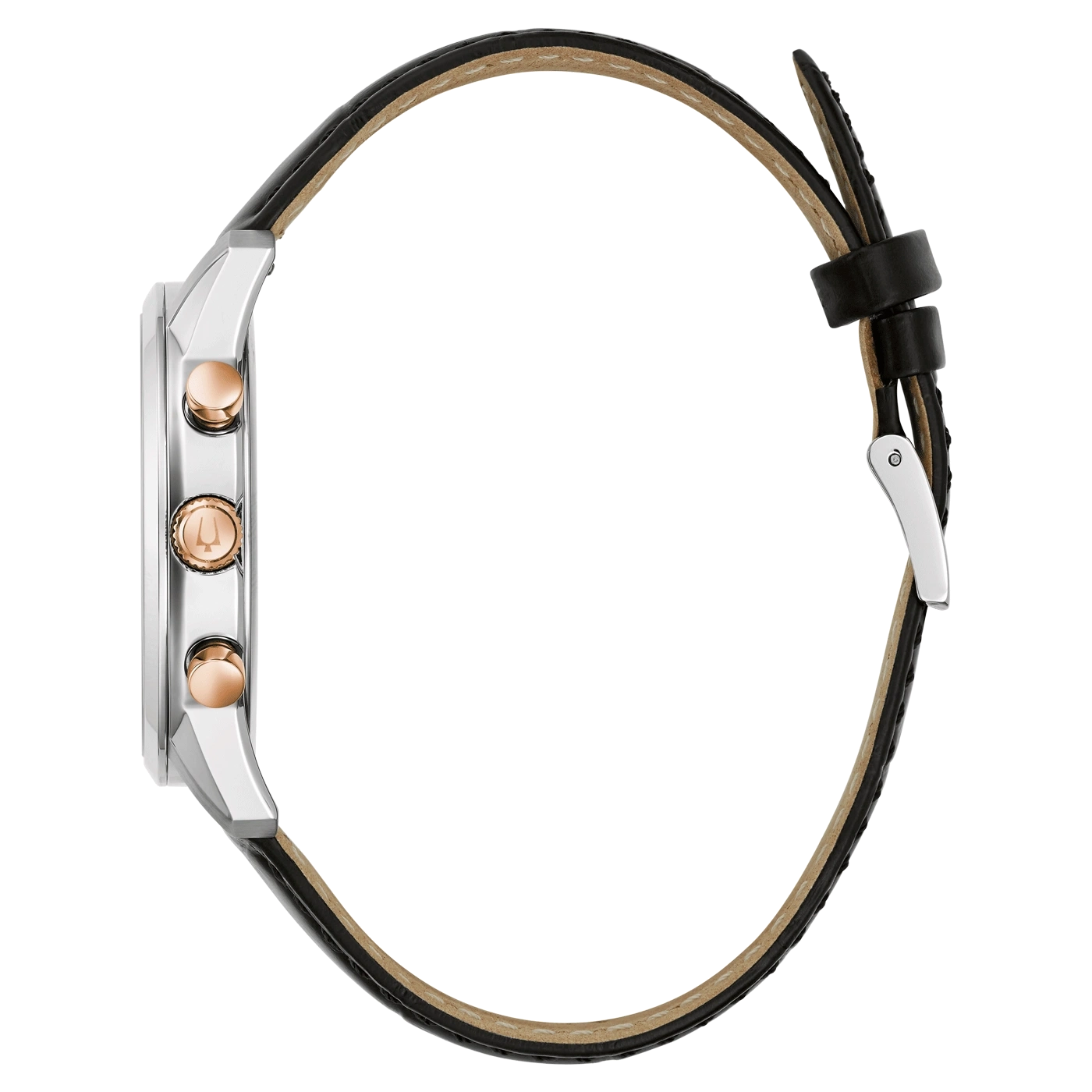 Horloge met zwart lederen band en zilveren kast, detailopname
