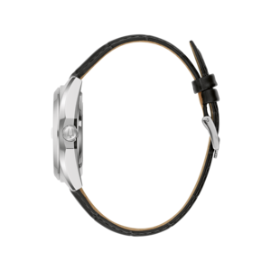 Horloge met zwart lederen band, zilveren kast en een elegant ontwerp.