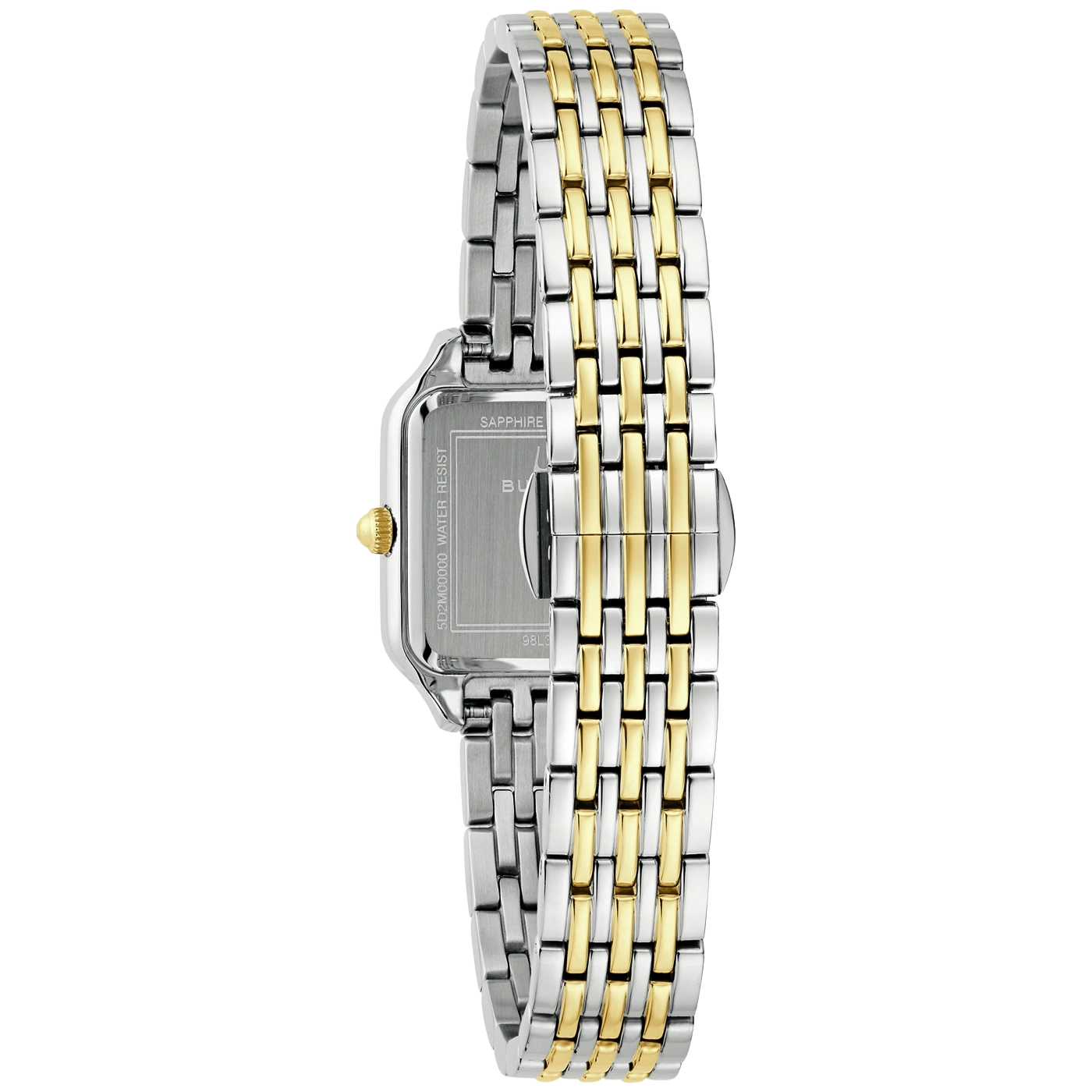 Een tweekleurig horloge met zilveren en gouden schakels, van de zijkant bekeken.
