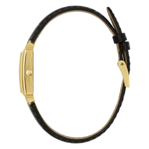 Gouden horloge met zwart lederen band, zijaanzicht, elegant design, accessoire, mode