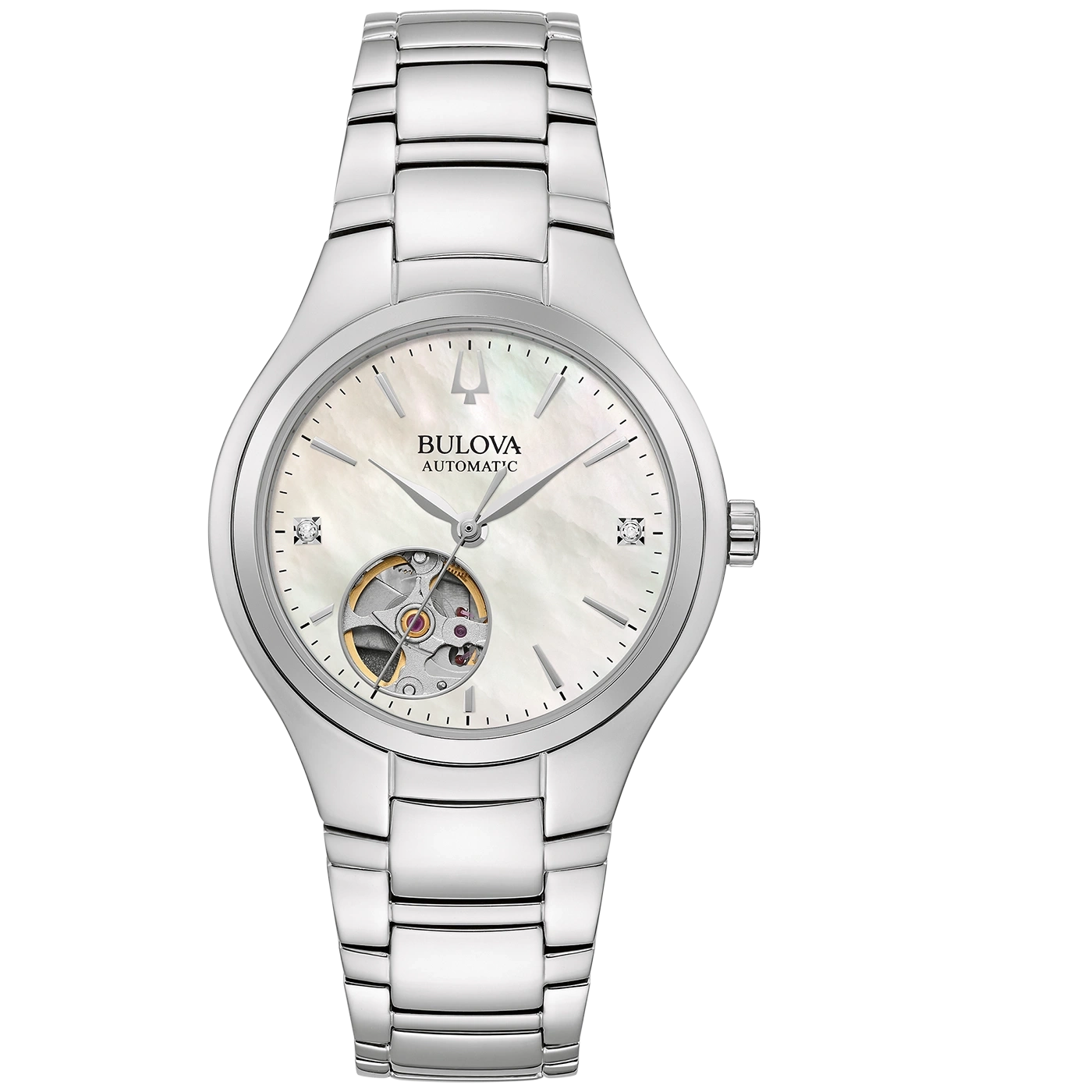 Bulova automatisch horloge met parelmoer wijzerplaat en diamanten, zilverkleurige band