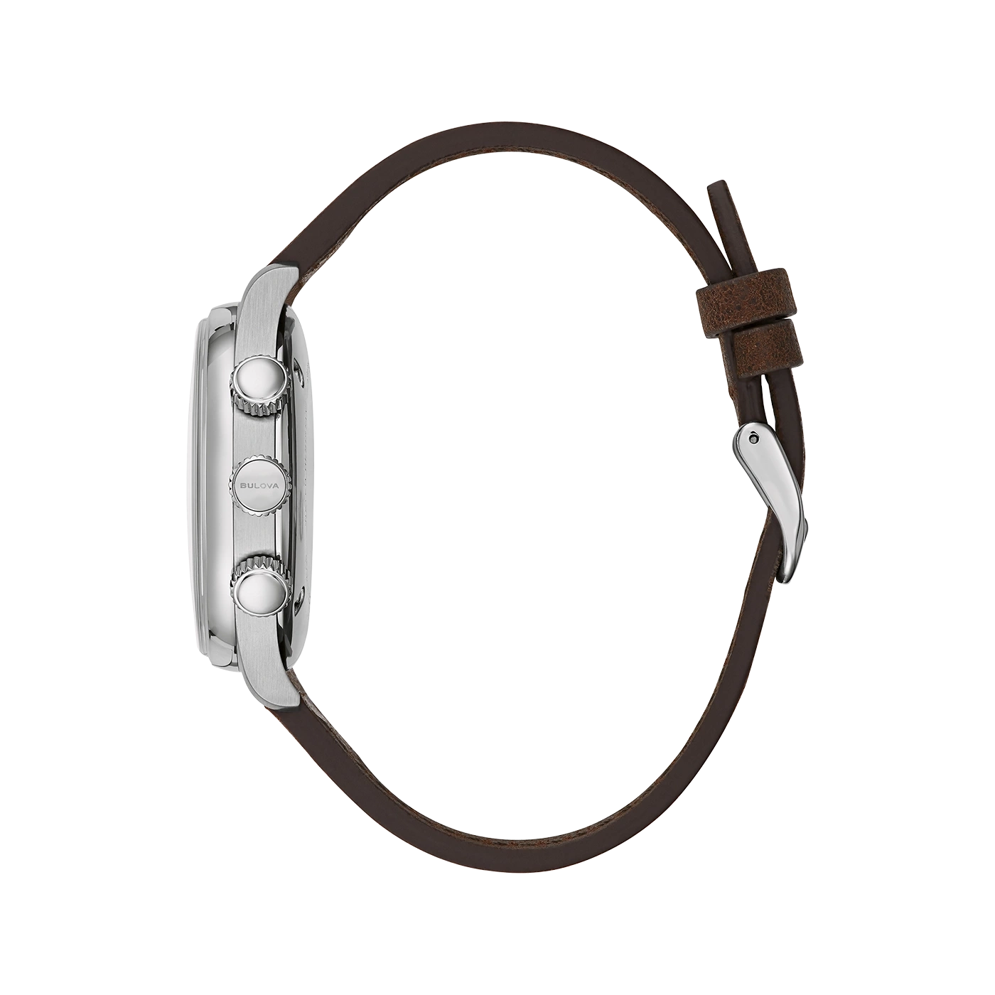 Bulova horloge, bruine leren band, zilveren kast, zijaanzicht, detailopname