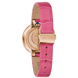 Roze horloge met roze band, Bulova-logo, detailopname, close-up, 160th Anniversary