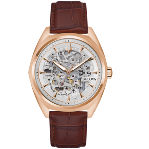 Bulova skeleton automatisch horloge met bruine leren band en roségouden kast