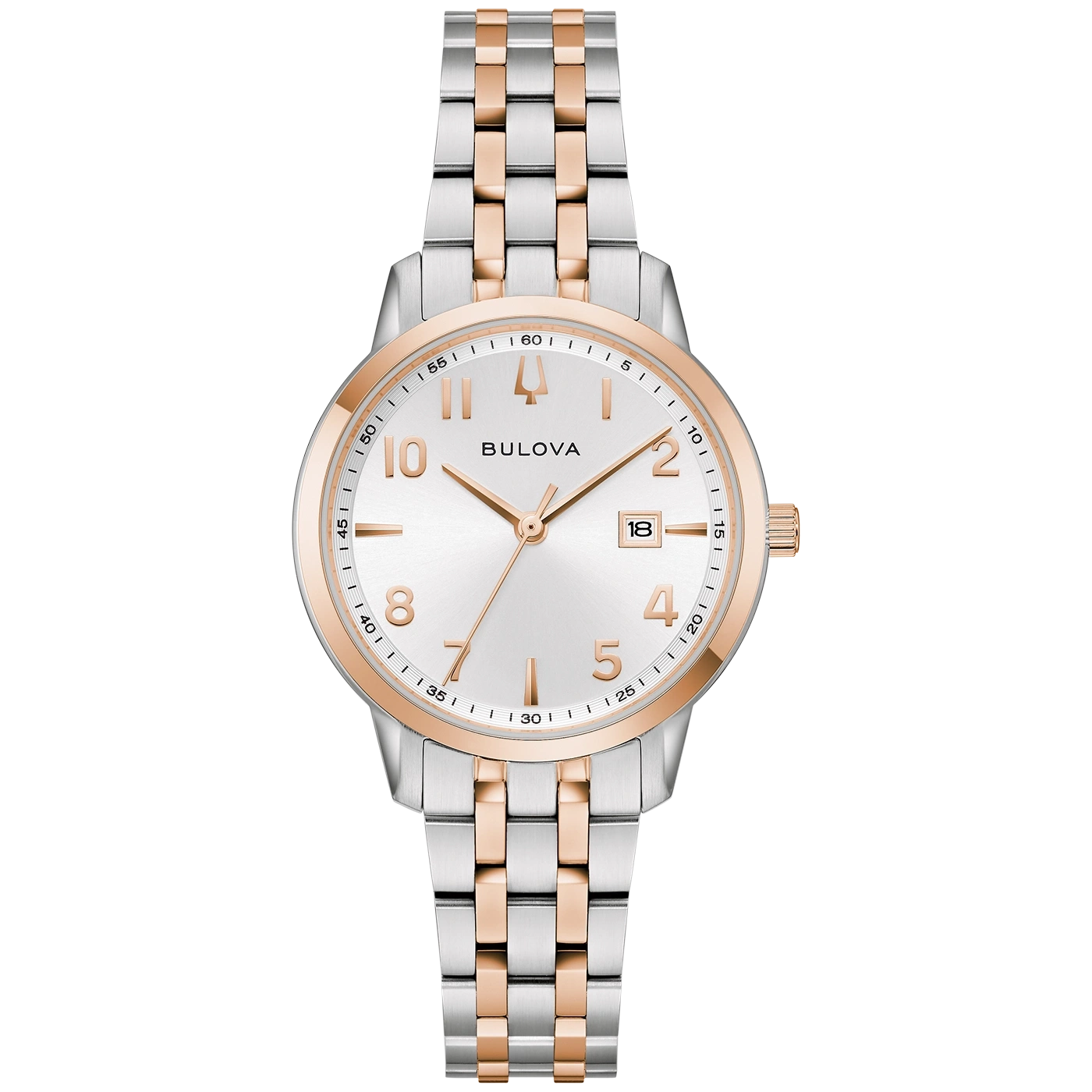 Een zilveren en roségouden Bulova-horloge met een witte wijzerplaat.