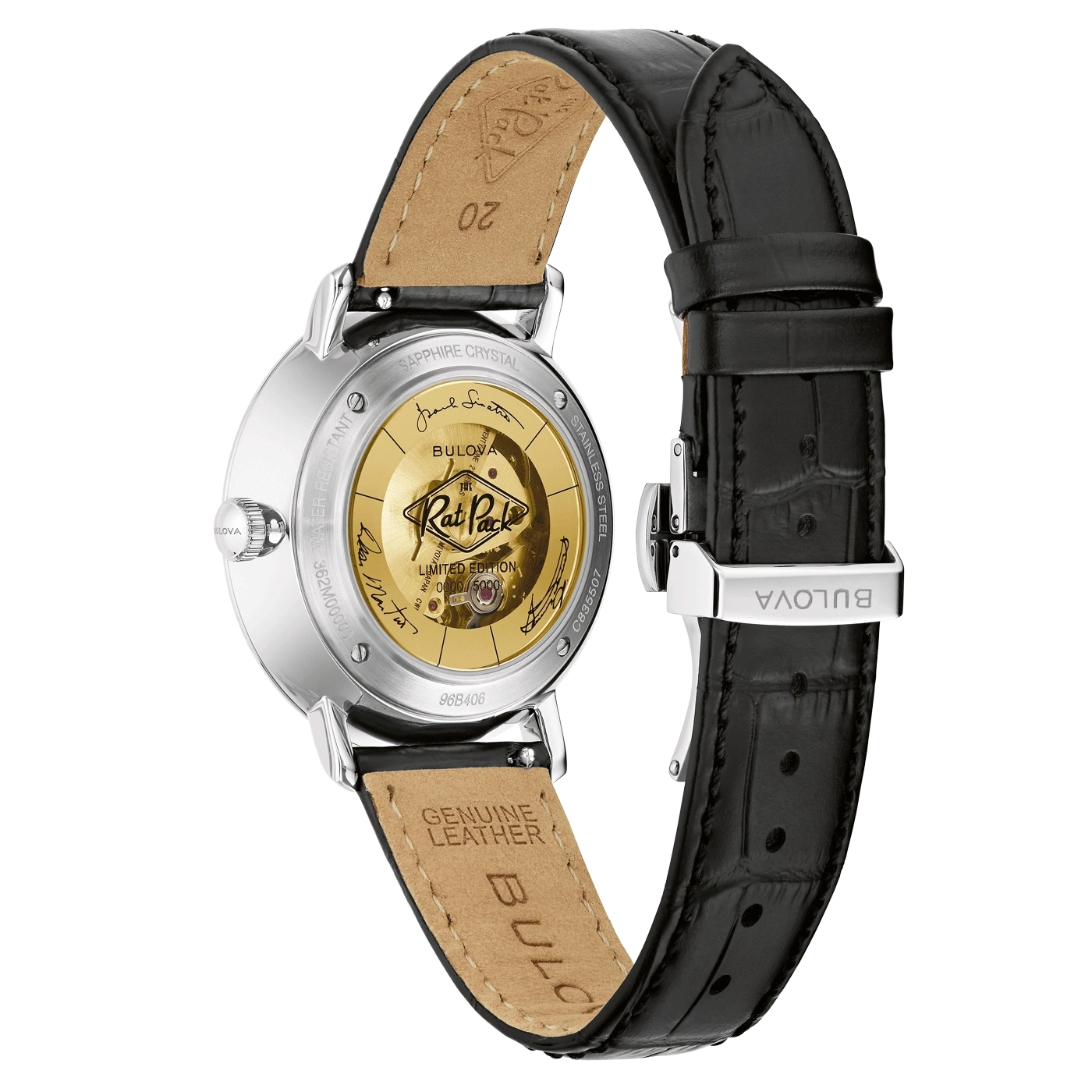 Bulova horloge, achterkant met details, leren band, Limited Edition, Rat Pack.