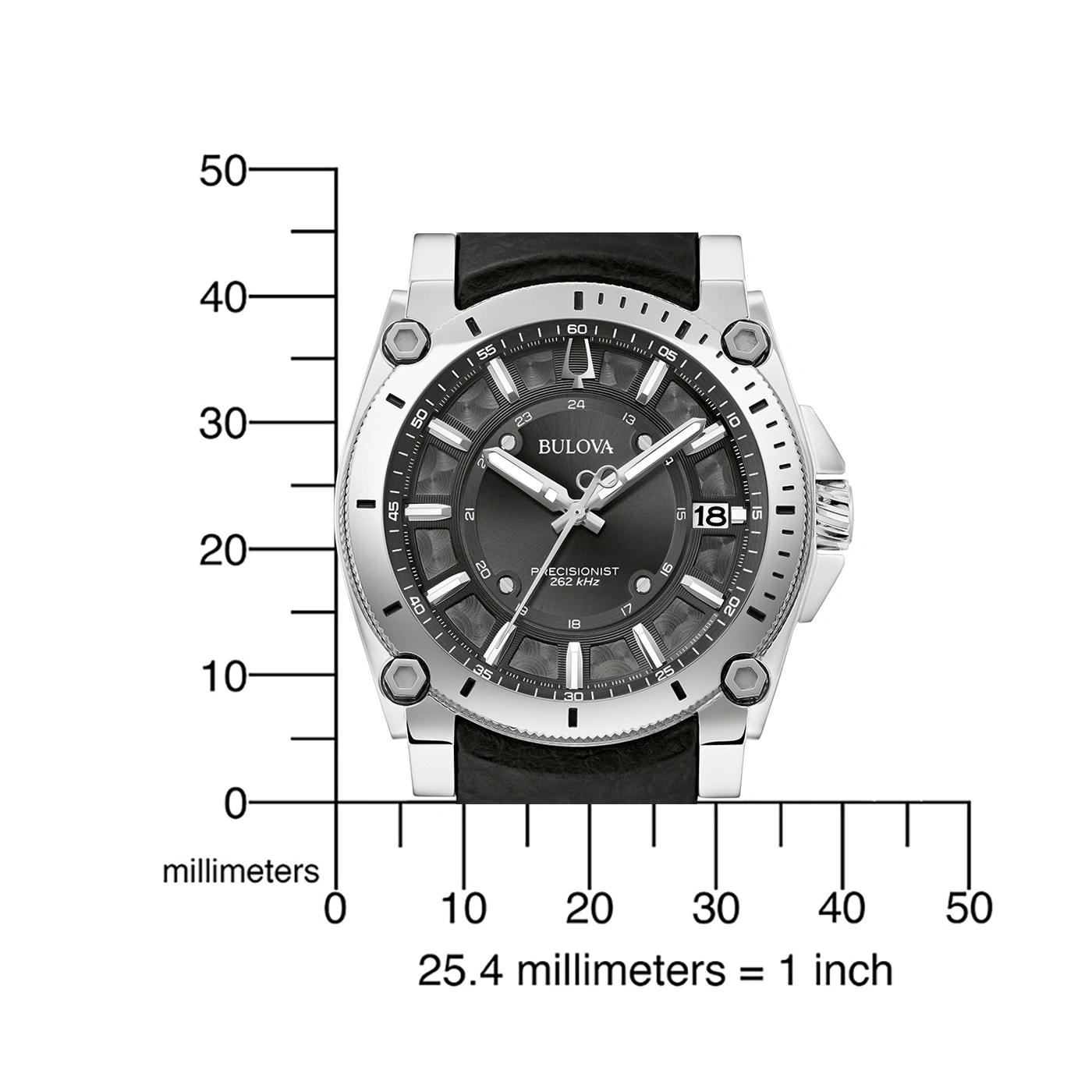 Horloge met meetschaal, toont de grootte in millimeters en inches.