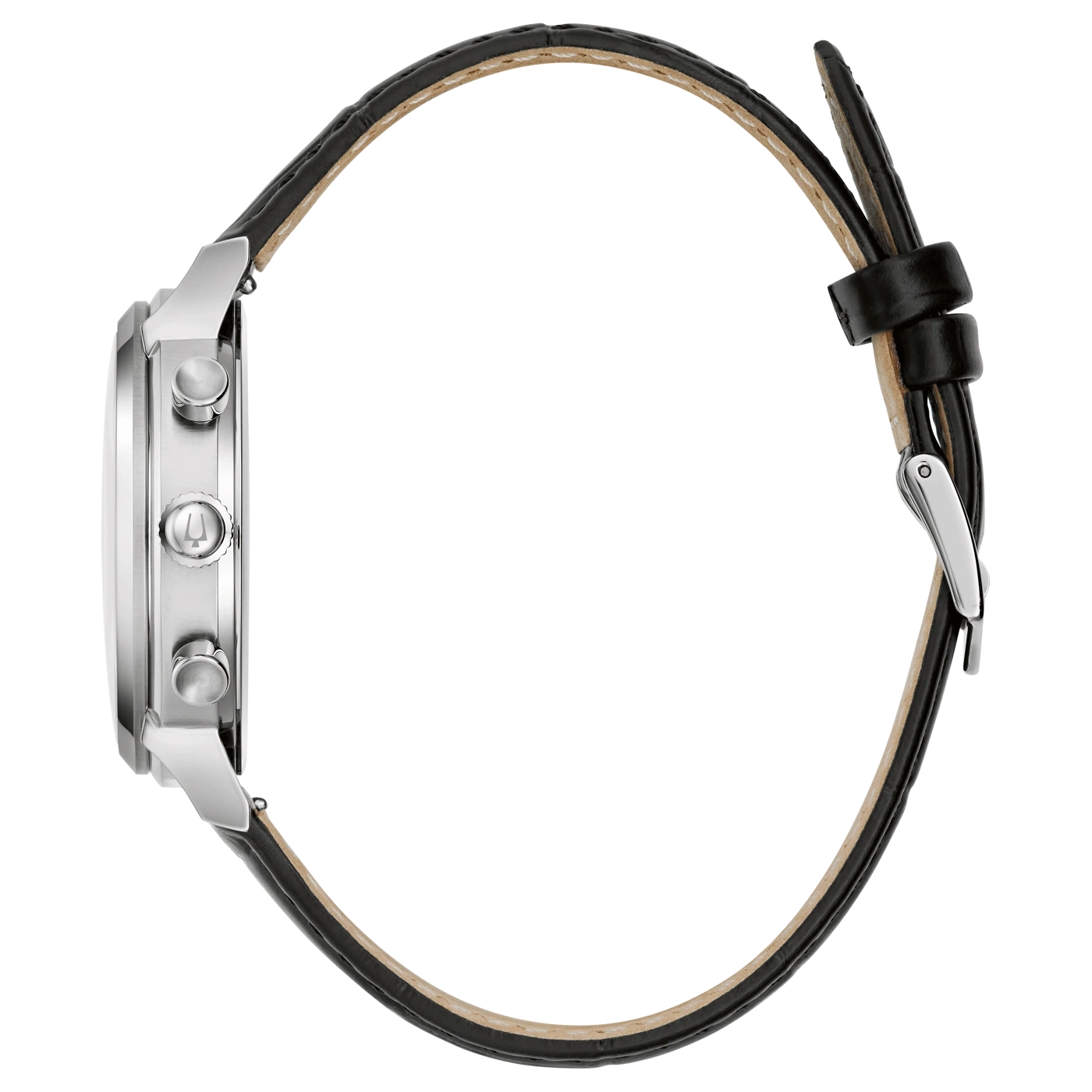 Horloge met zwart lederen band. Zilveren kast. Tijdwaarneming. Elegant ontwerp. Chronograaf.