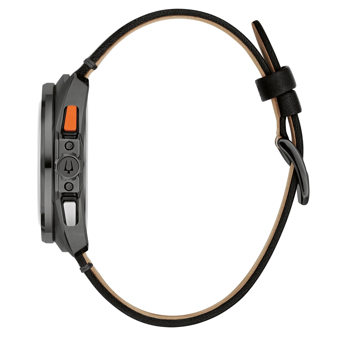 Zwarte horloge met leren band, oranje knoppen en zwarte gesp. Zijaanzicht.