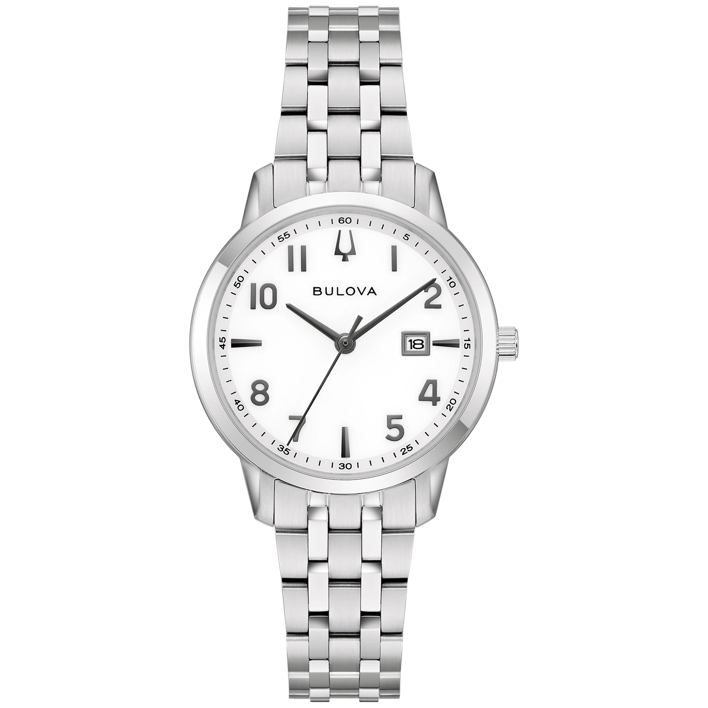 Een zilveren Bulova horloge met een witte wijzerplaat en datumweergave.