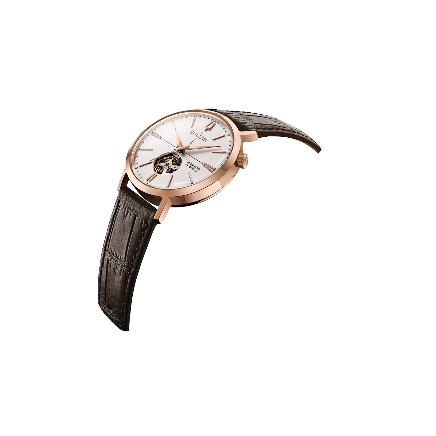 Bulova horloge met bruine leren band en roségouden kast, close-up detail