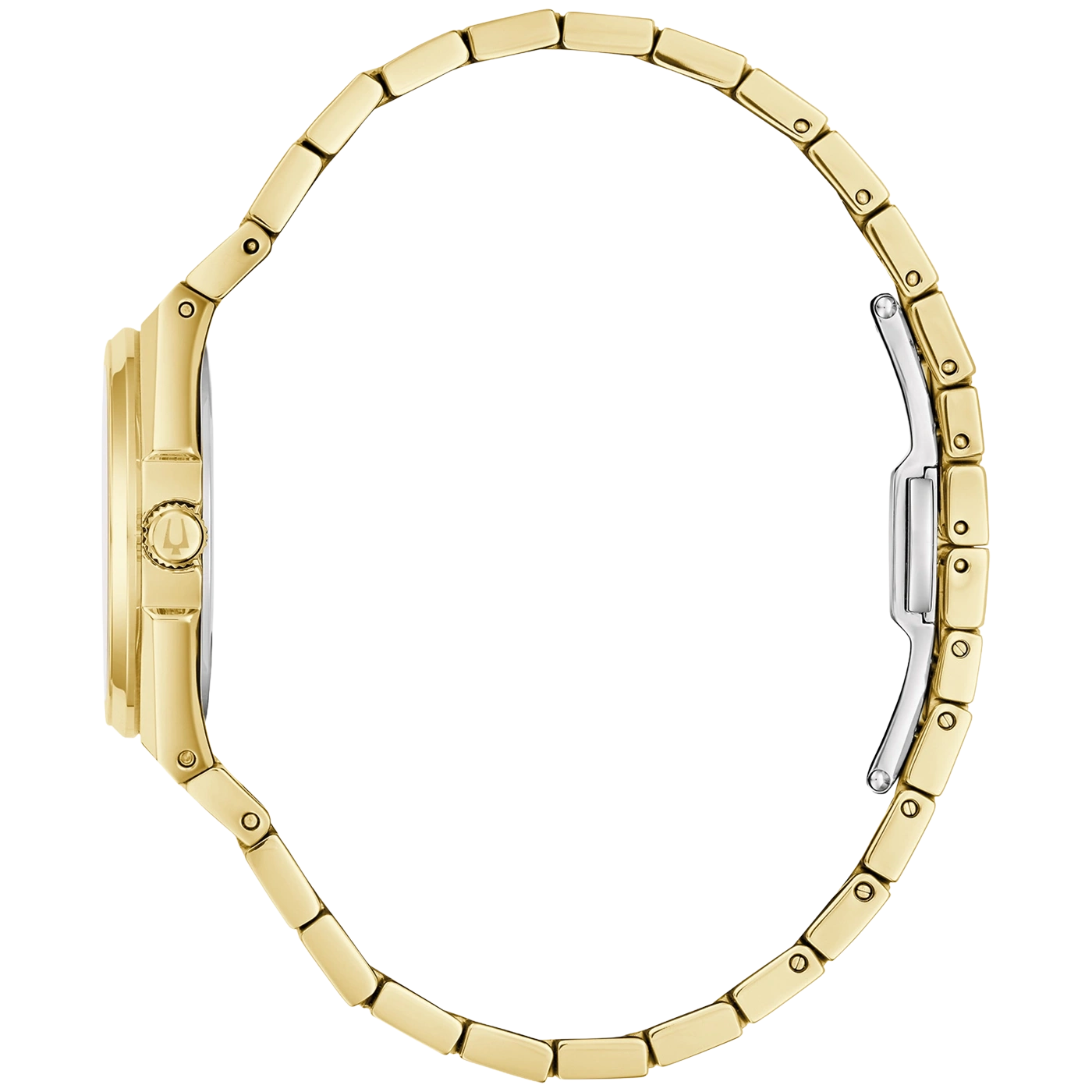 Een gouden dameshorloge met een schakelband en een zilveren sluiting.