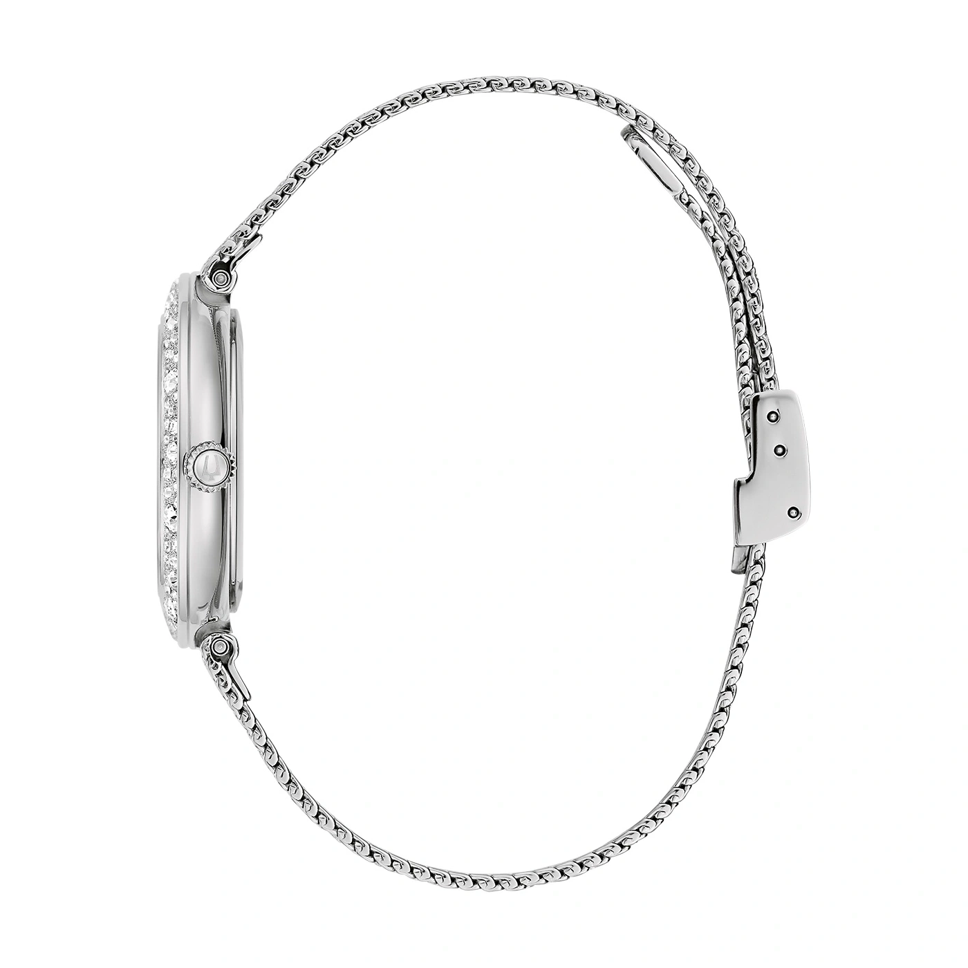 Zilveren dameshorloge met strass-steentjes en filigraan armband, zijaanzicht