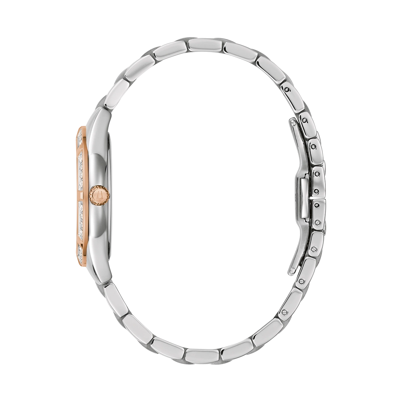 Zijaanzicht van een horloge met diamanten en roségouden accenten, armband