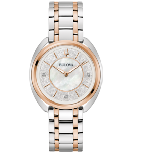 Bulova dameshorloge, roségoud, zilveren band, diamanten, elegant ontwerp, luxe accessoire