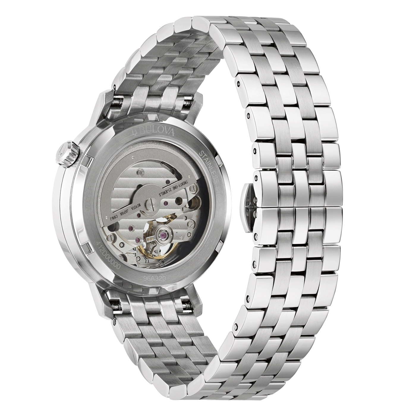 Bulova horloge, roestvrij staal, transparante wijzerplaat, mechanisch uurwerk, armband