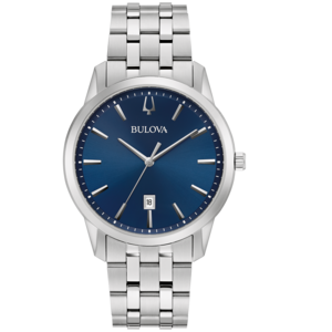 Bulova horloge met blauwe wijzerplaat en zilveren band. Stijlvol design.