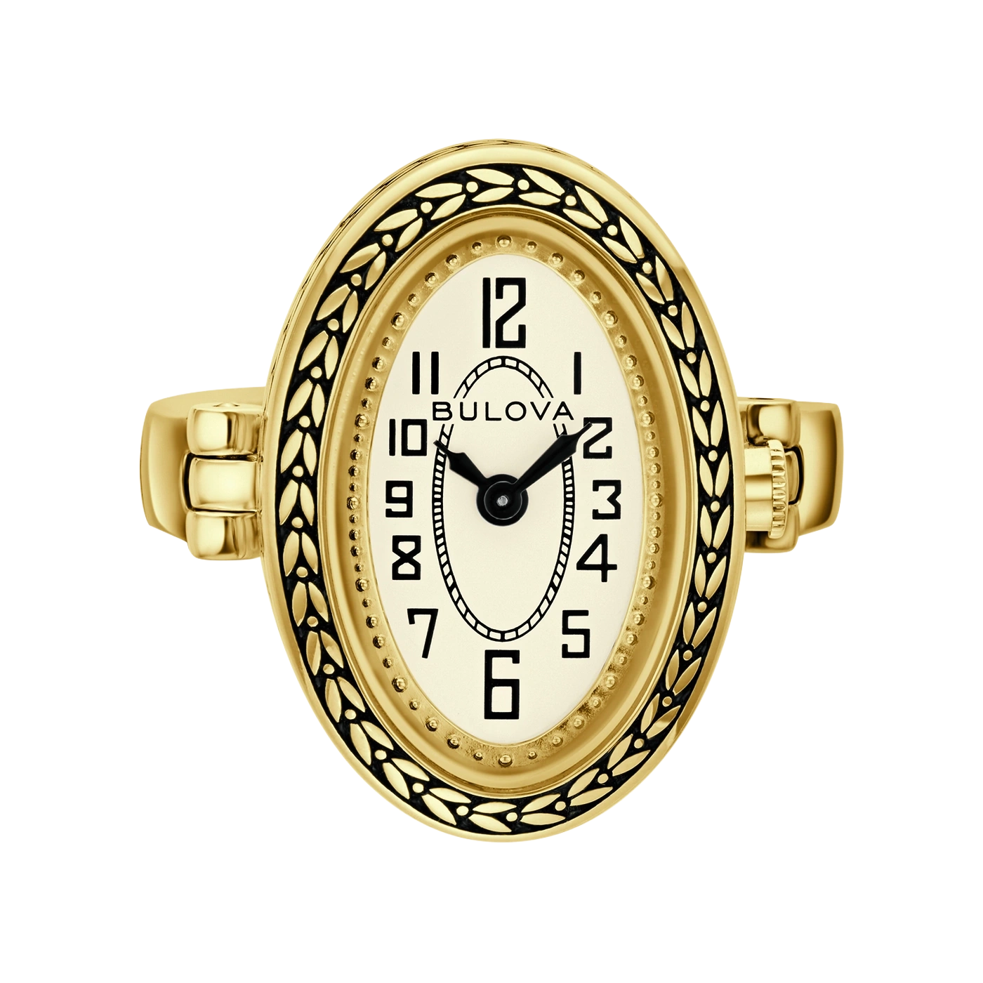 Gouden ovale Bulova-horloge met zwarte wijzerplaat en Romeinse cijfers.