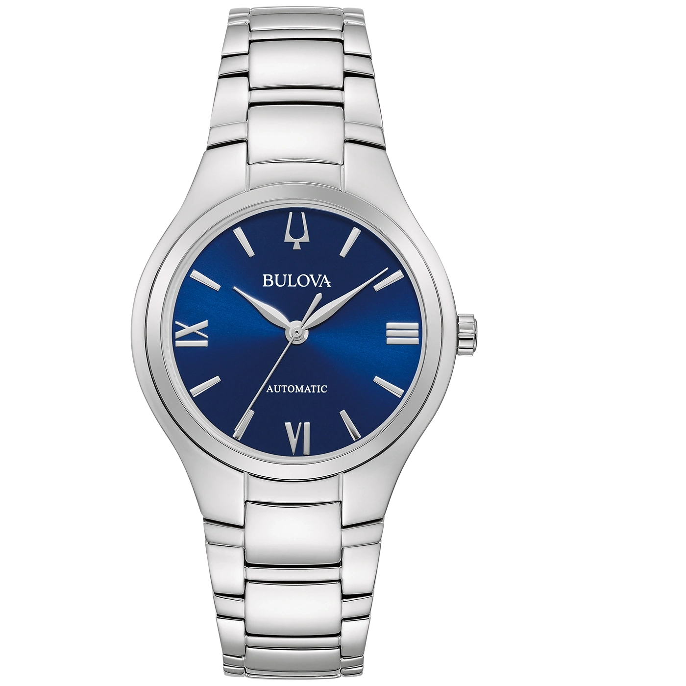 Bulova horloge met blauwe wijzerplaat en zilveren band. Automatisch uurwerk.