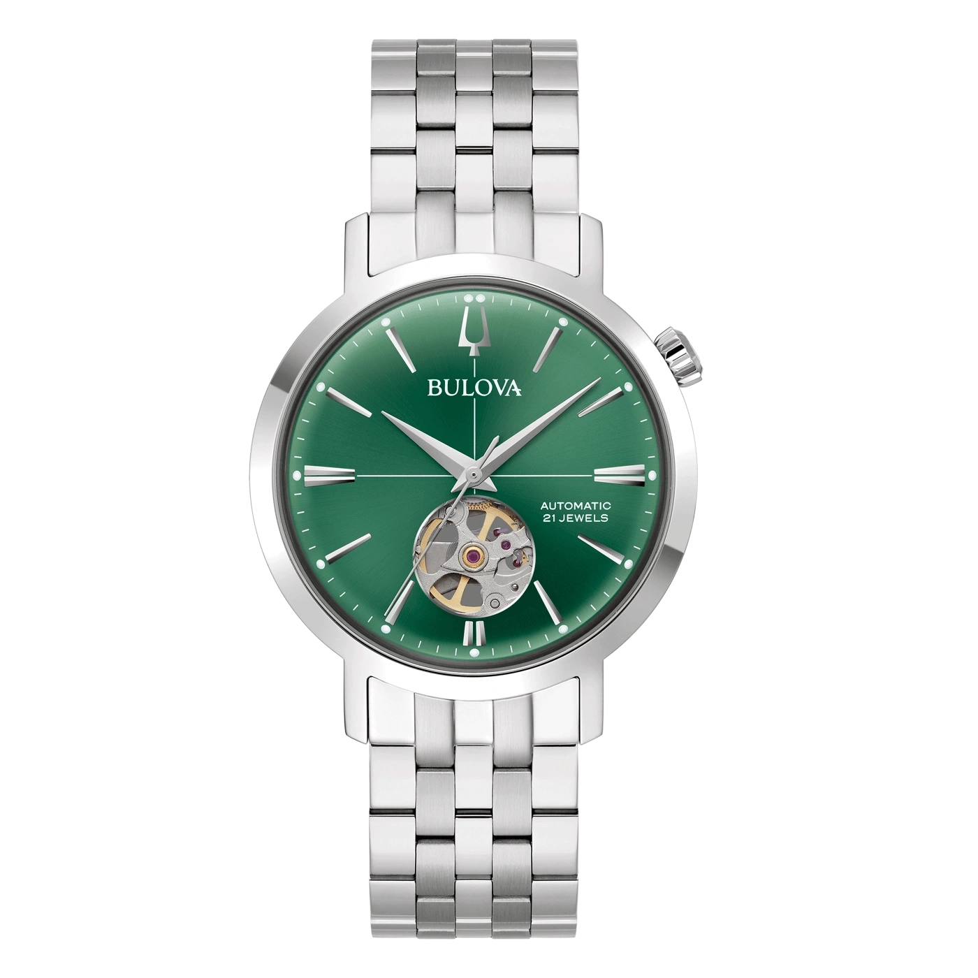 Bulova horloge met groene wijzerplaat en zilveren band, automatisch
