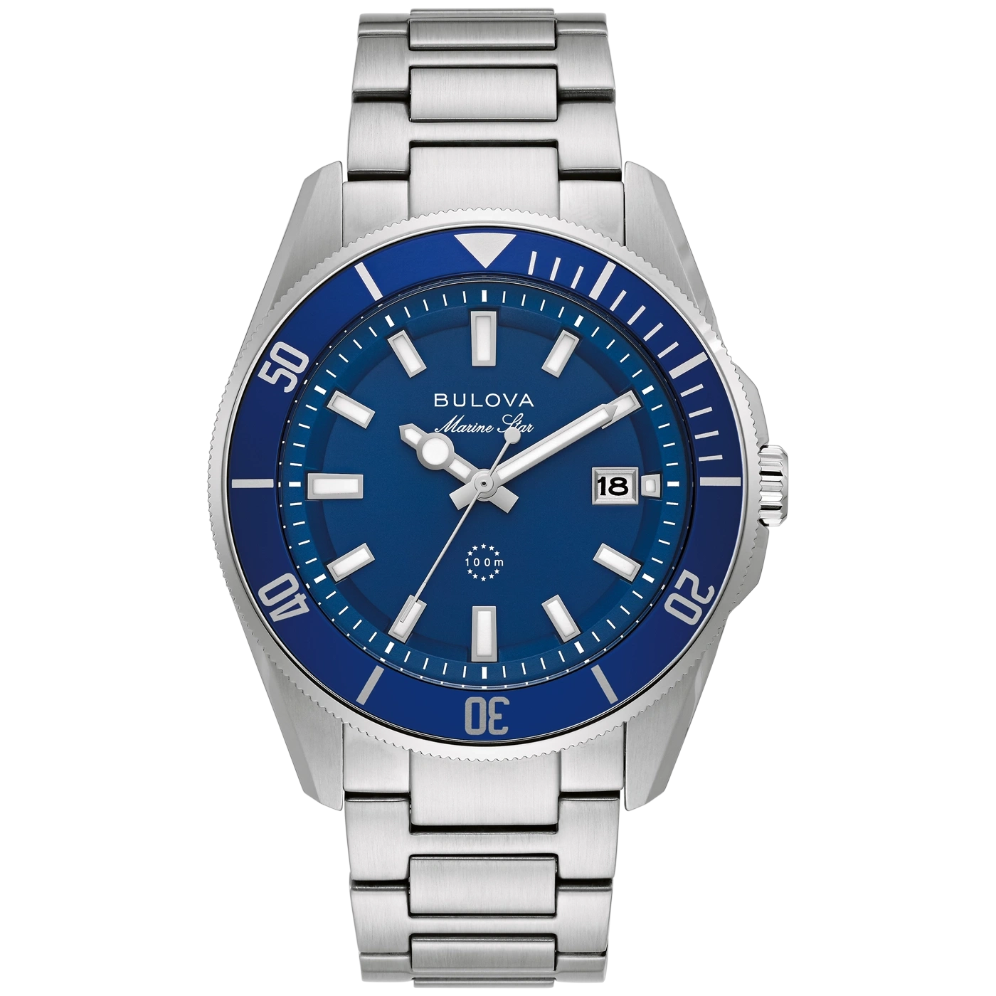 Blauwe Bulova Marine Star duikhorloge met zilveren band en datum