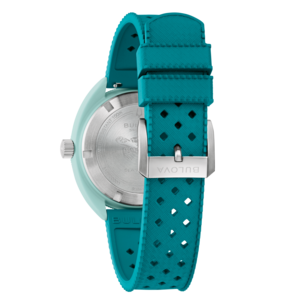 Turquoise horloge met band, Bulova-logo, close-up, detailopname