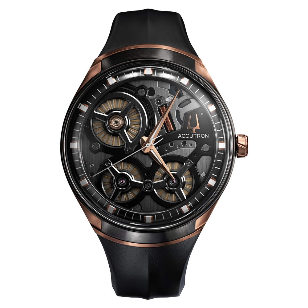 Accutron horloge, zwart, goudkleurig, skeleton, elegant design, luxe