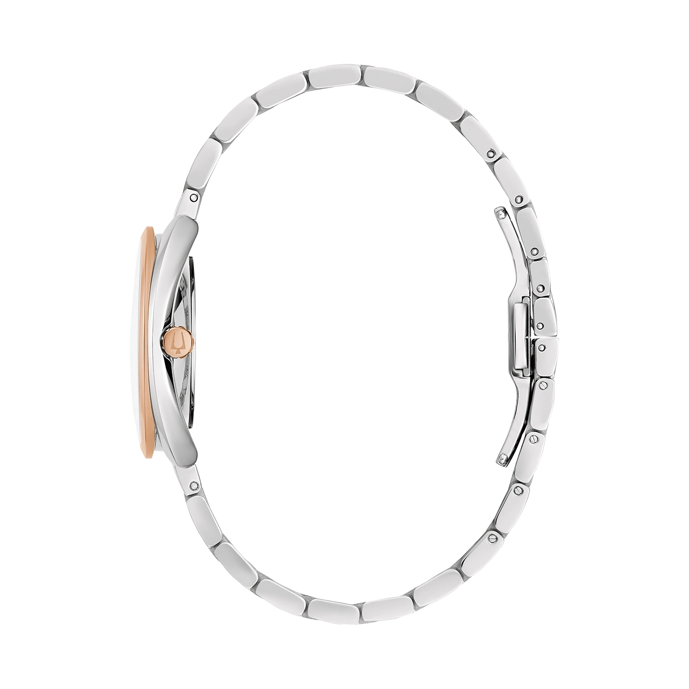 Horloge, zilveren band, roségouden kast, zijaanzicht, elegant ontwerp, accessoire, mode