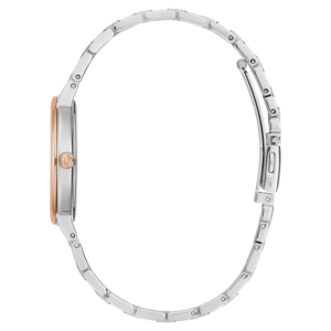 Horloge, zilveren band, roségouden wijzerplaat, zijaanzicht, elegant ontwerp, accessoire