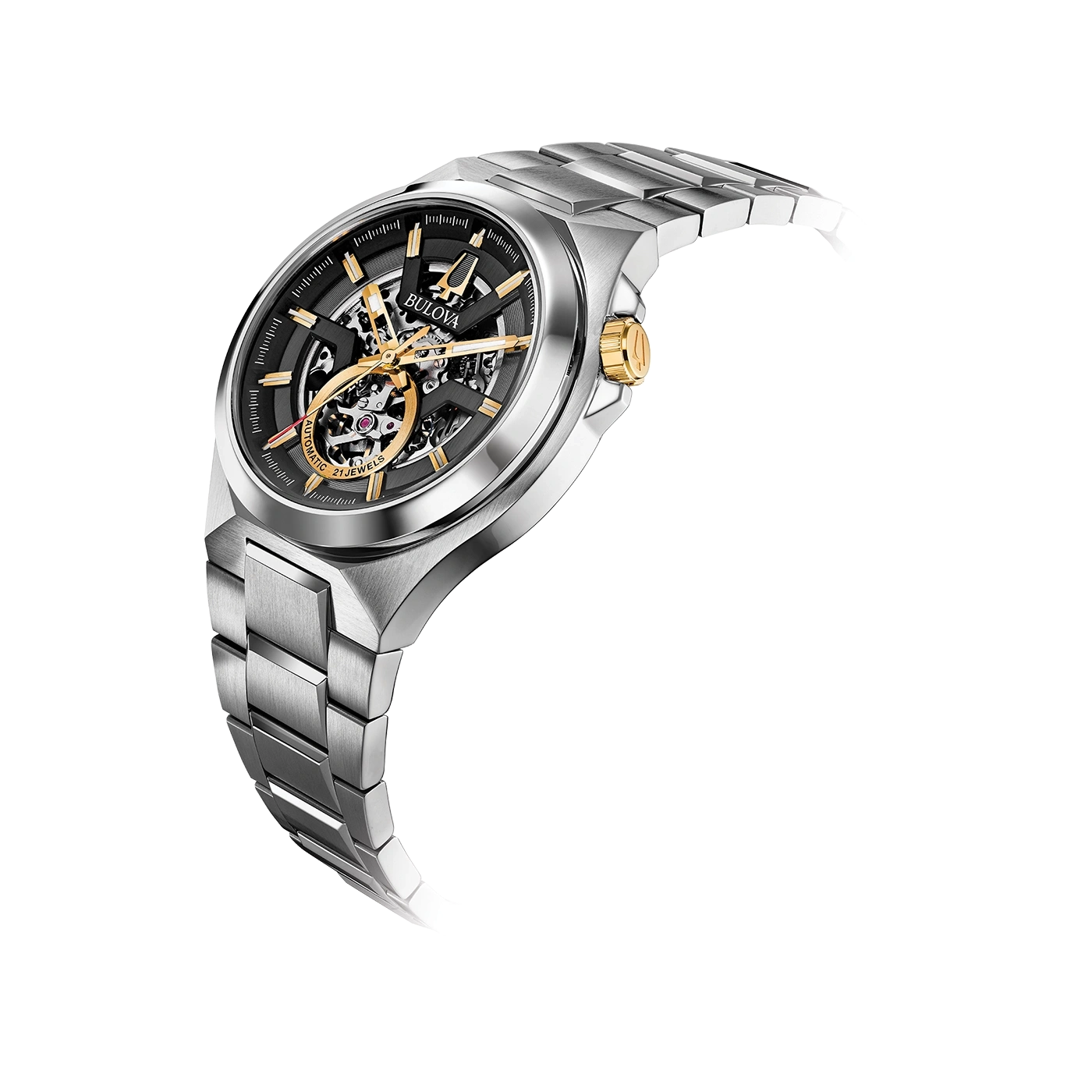 Bulova herenhorloge, zilveren kast, zwarte wijzerplaat, gouden accenten, automatisch uurwerk