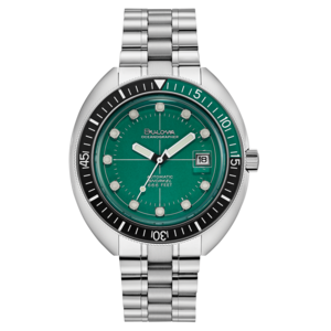 Bulova Oceanographer horloge, groen, datum, automatisch, roestvrijstalen band, duikershorloge.