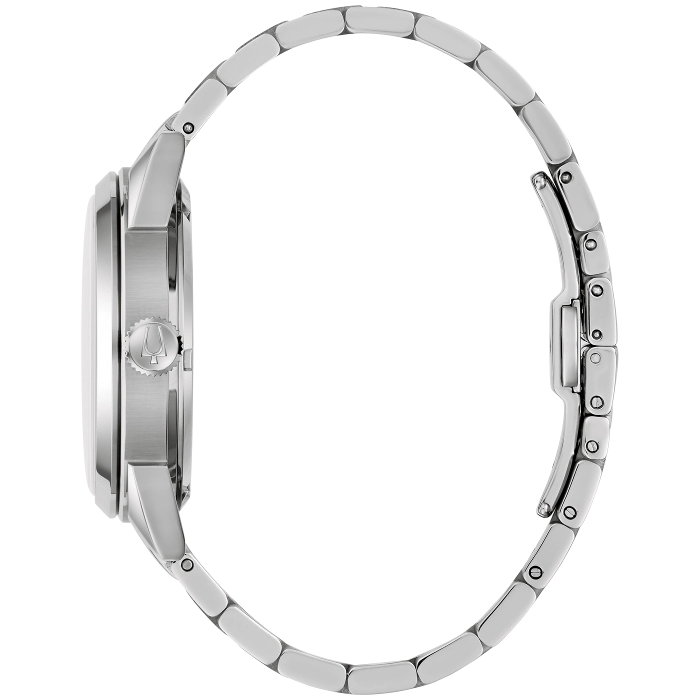 Zijaanzicht van een zilveren Bulova dameshorloge met metalen band