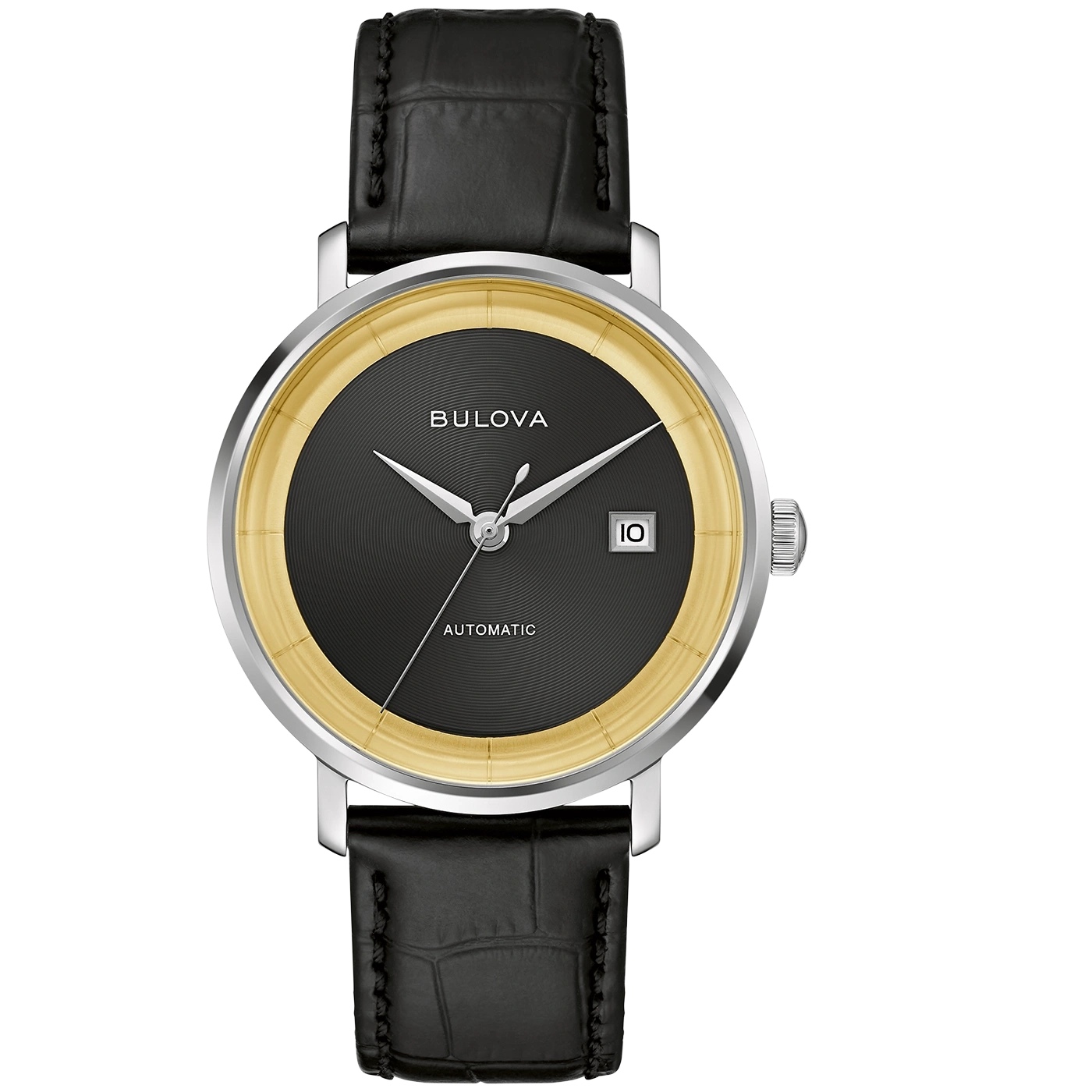 Bulova horloge met zwarte wijzerplaat en gouden rand, leren bandje